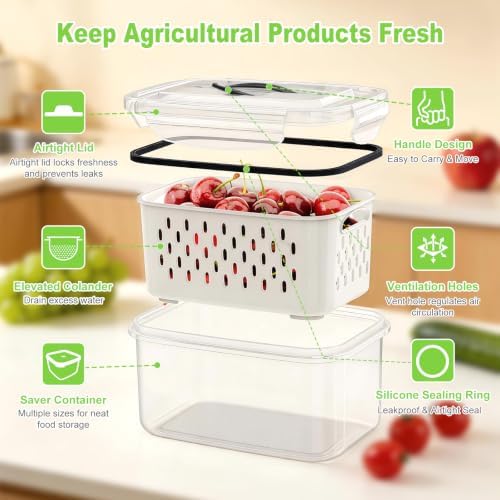 4 Pack Fridge Fruit Storage Containers with Colander, Vent and Handle - Image 2