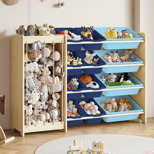 EXPERLAM Kids Toy Storage Organizer, 2-in-1 Stuffed Animal Storage & Toy Organizer w/12 Bins, Solid Wood Toy Rack Featuring Thicker Elastic Ropes, Playroom Nursery Bedroom Storage, Blue by EXPERLAM