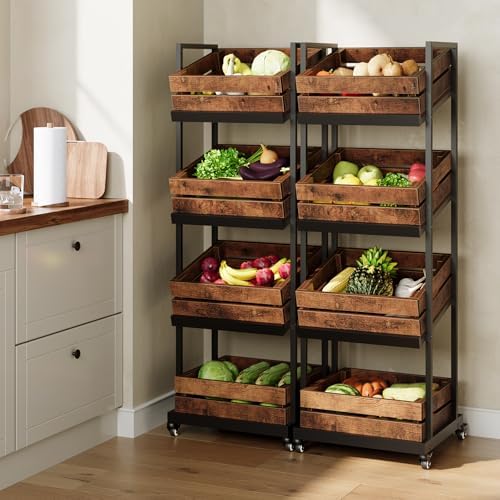 LITTLE TREE 4-Tier Basket Stand with Locked Wheels, Mobile Fruit and Vegetable Storage, Floor Stand Rack, Utility Shelf, for Kitchen, Living Room, Pantry (Rustic Brown, 2) - Image 2