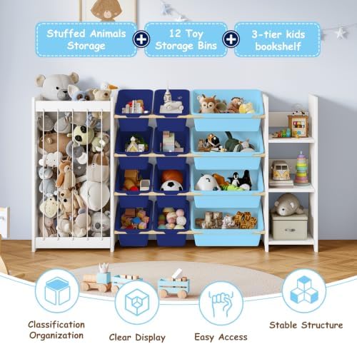 EXPERLAM 3-in-1 Kids Toy Storage Organizer, White Solid Wood, Blue Bins - Image 4