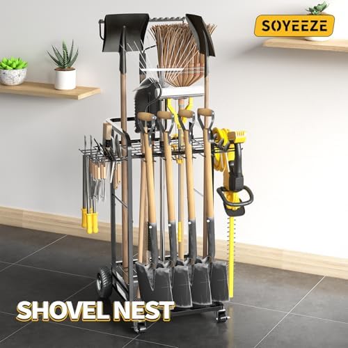 SOYEEZE Garden Tool Organizer with Large Wheels, Heavy Duty 3-Tier Yard Tower Tool Rack for Garage, Holds Up to 35 Long-Handled Tools, Garden Tool Cart with 12 Hooks for Tool Organization Storage - Image 7