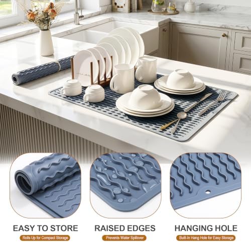 2 Pack Silicone Dish Drying Mat for Kitchen Counter Shower Caddy Rack Waterproof Trivets Placemats Meal Prep Essentials for Women Espresso Machine Station Appliances 28" x 20" Blue - Image 2