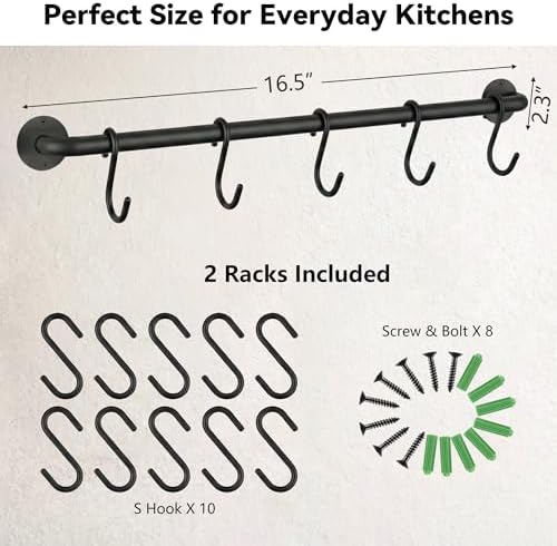 Black Steel-made Kitchen Utensil Rack Organizer Wall-mounted Pot Pan Wall Hanger Holder For Hanging Rail with 10 S Hooks - Image 2