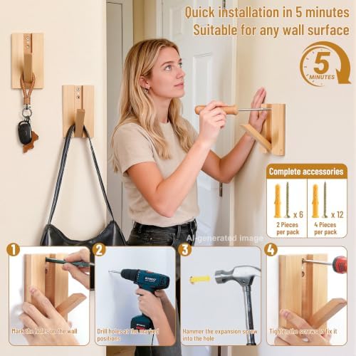 Wall Hooks for Small Space: 2Pack Foldable Wood Natural Coat Hooks - Image 6