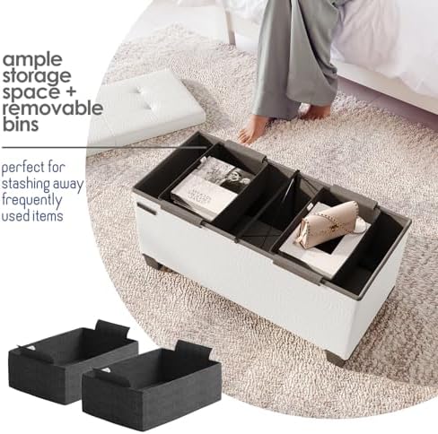 Storage Ottoman Bench Storage Bins,30-In Storage Bench for Bedroom End Bed,Folding Foot Rest Ottoman Storage for Living Room,Storage Chest Max 660lbs,Faux Leather Ottoman,White - Image 3