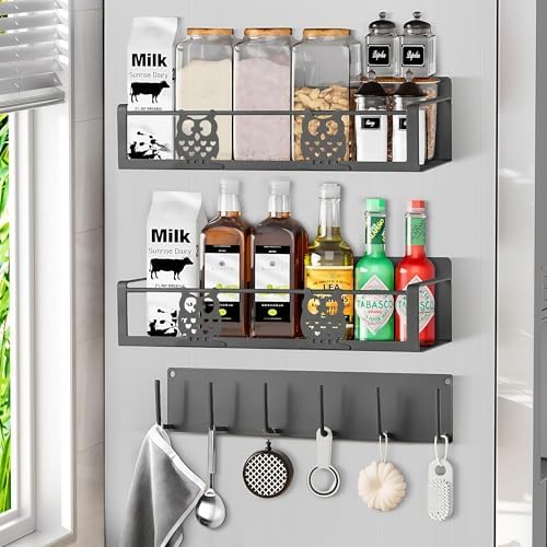 Spice Rack Magnetic for Fridge,Magnetic Fridge Shelf,Spice Shelf,Condiment Organizer,Refrigerator Organizers and Storage with Magnetic Hooks,Owl Kitchen Decor(Gray) by HCBaoXGui