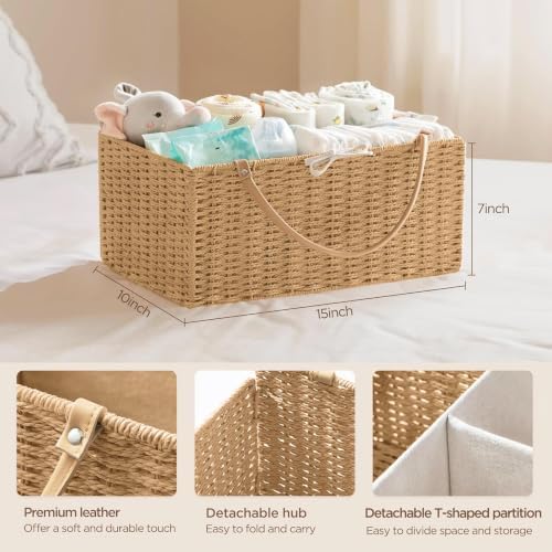 HBlife Large Baby Diaper Caddy Organizer, Paper Rope Storage Baskets Nursery Bin with Removable Divider, Portable Car Organizer for Diapers, Baby Shower Gifts, Newborn Essentials Must Haves - Image 2