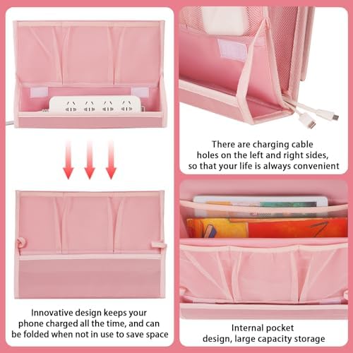 Bedside Caddy Organizer for Dorm Bed Rails with 7 Pockets, Pink - Image 5