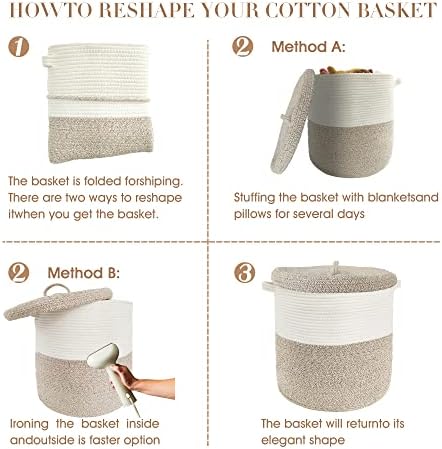 Large Storage Basket with Lid 60L, 16"Wx18"H Woven Laundry Hamper Basket with Handle, Room Decor Cotton Rope Wicker Basket Toy Organizer Bins for Clothes Blankets Pillows, Beige/White Mix includes Lid - Image 5