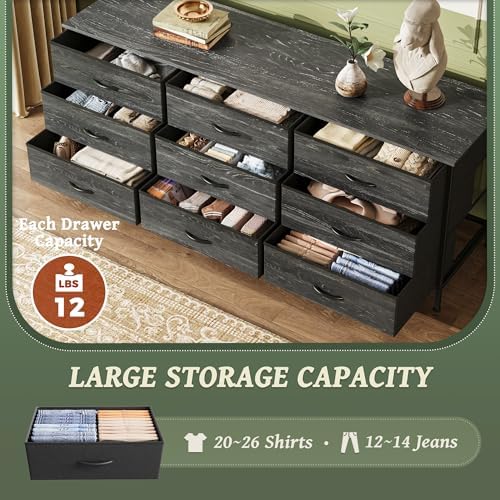 Huuger Long Dresser for Bedroom, 55 Inch TV Stand for 55, 60 Inch TV, Entertainment Center with Drawers, Large Storage, 9 Fabric Drawers Dresser for Closet, Charcoal Black Wood Grain Print - Image 4