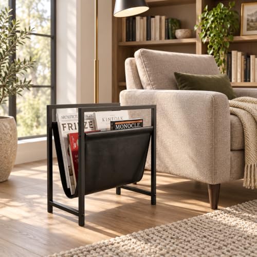 Modern Magazine Rack for Living Room and Office | Freestanding Metal and Leather Magazine Holder | Contemporary Storage Organizer for Books, Newspapers | Minimalist Home and Lounge Decor (Black) - Image 2