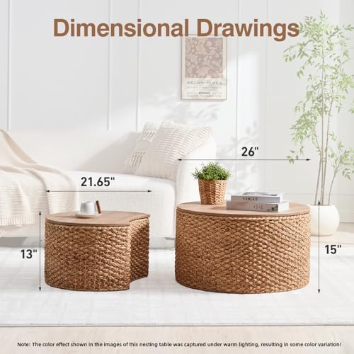 Round Nesting Coffee Table Set of 2 with Storage - Handwoven Wicker Rattan Ottoman Style, Boho Coastal Coffee Tables for Living Room, with Cover & Soild Wood Frame, Natural - Image 2