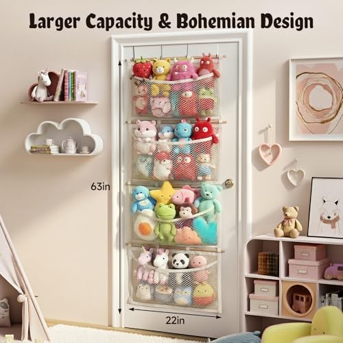Over Door Large-Capacity Stuffed Animal Storage with Metal Hook & Wooden Stick, Hanging Plush Animal Bear Doll Toy Organizer Net Hammock Behind Door, Boho Nursery Dorm Bedroom Decor for Girl Boy Kid - Image 2