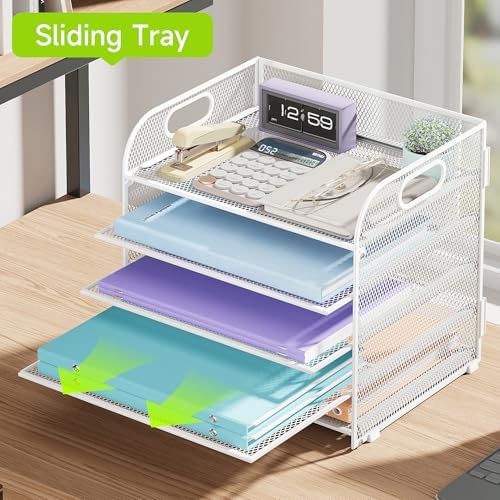 Cawukege 2 Pack 5 Tier Paper Organizer, Letter Tray with Handle, Mesh Desk Organizer, Metal File Organizer, Office Desk Accessories for Home, Office, Classroom, School (White, 2) - Image 3