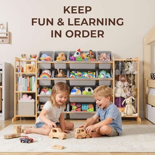 Toy Storage Organizer with Bookshelf and Stuffed Animal Storage - Kids Playroom Organization with 3 Shelves and 16 Bins - Toddler Living Room Toy Box for Collections - Nursery Bedroom Decor Essential - Image 2