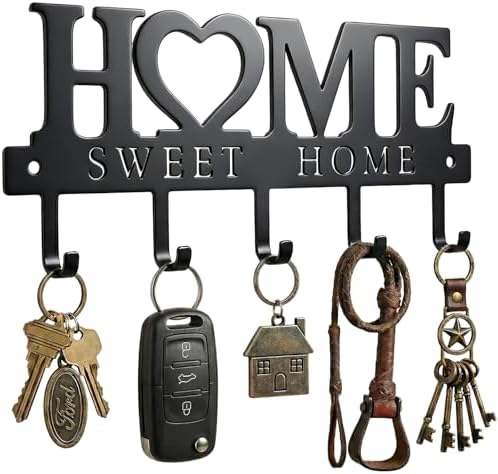 Entryway Wall Key Holder with 5 Hooks, Metal Key Rack Wall Mount for Keys, Bags and Leashes, Decorative Organizer for Entryway, Mudroom or Hallway, Sweet Home Design, 9.8 inches, Black by WIPHANYSELECTED