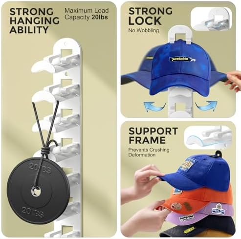 2 Pack Hat Organizer for Baseball Caps, Hat Rack for Wall Hold Up to 20 Hats, Hat Holder with Strong Adhesive and Screws, Hat Organizer Wall Mounted Hat Hanger Display for Door Closet Bedroom(B-White) - Image 4