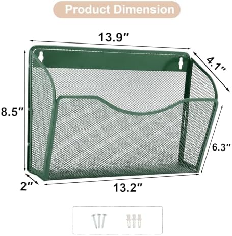 EASEPRES 3 Single Pocket Mesh Hanging File Organizer, Vertical Wall Mounted Magazine File Holder, Mount Basket Mail Paper Document Folder Organizing for Office, Home and School, Dark Green - Image 2