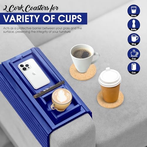 Couch Cup Holder, 2 Cork Coasters, Anti-Slip Foldable Couch Arm Tray Blue - Image 4