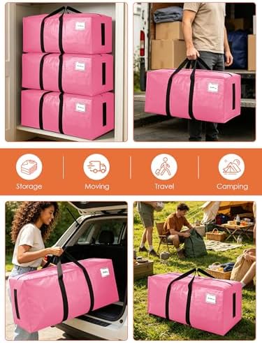SWEET DOLPHIN 8 Pack 200LB Heavy-Duty Moving Bags with Wrap-Around Handles, Extra Large Storage Totes for Space Saving, Clothes Storage Bags, College Dorm Essentials, Pink, 24 Gal - Image 6