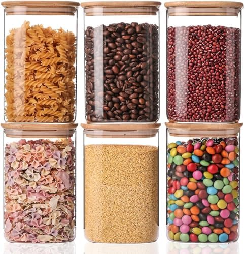 Liuruiyu 6 Pack Glass Food Storage Jars 37 oz,Glass Storage Containers Clear Glass Food Canister with Bamboo Lid Airtight For Serving Tea, Coffee, Flour, Sugar, Candy, Cookie, Spice and More (Square) by Liuruiyu