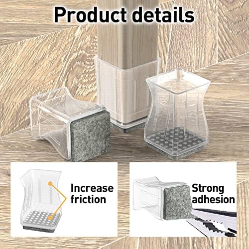 Square Chair Leg Protectors for Hardwood Floors, 16 Pcs Silicone Felt Furniture Leg Cover,1 1/4 Inch, Clear. - Image 3