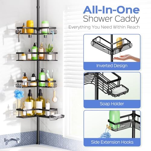 HAMITOR Shower Caddy Tension Pole 4-Tier Corner Storage Bathroom Essentials - Image 6