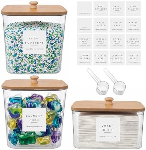 POLRAI 3 Pack Laundry Pod Containers and Dryer Sheet Holder, Laundry Room Organization Storage Containers with Lids and Labels for Detergent Pods Dry Sheet Organizing by POLRAI