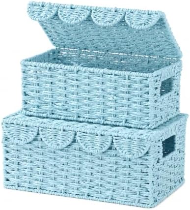 Set of 2 Scalloped Baskets, Paper Rope Wicker Baskets with Lids, Blue by WEAVECOMFORTINTOEVERYCORNER