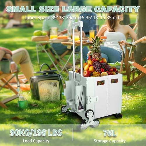 76L Folding Utility Cart Portable Rolling Crate Handcart Shopping Collapsible Tool Box with Stair Climbing Wheels,Hidden Lid,2 Rotate Wheels,for Grocery,Shopping,Office,Storage(Green White) - Image 3