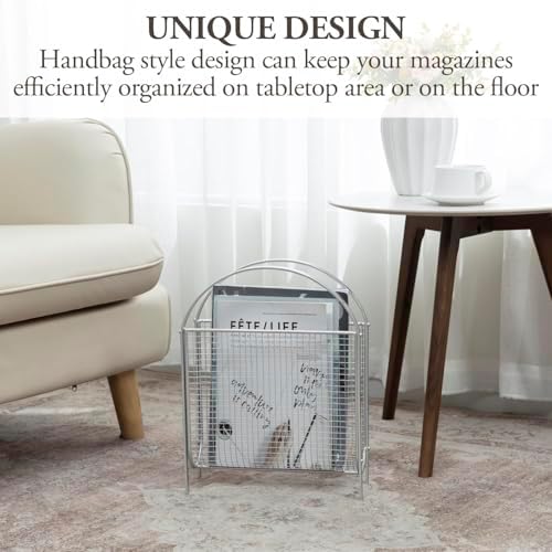 MyGift Mid-Century Silver Metal Mesh Magazine Rack, Freestanding Holder - Image 3