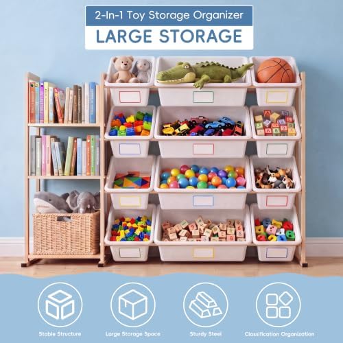 Toy Storage Organizer with Bookshelf, Metal Toy Storage Shelf with Storage Bins, Kids Bookcase and Toy Organizer for Kids Room, Playroom, Bedroom, Nursery - Image 3