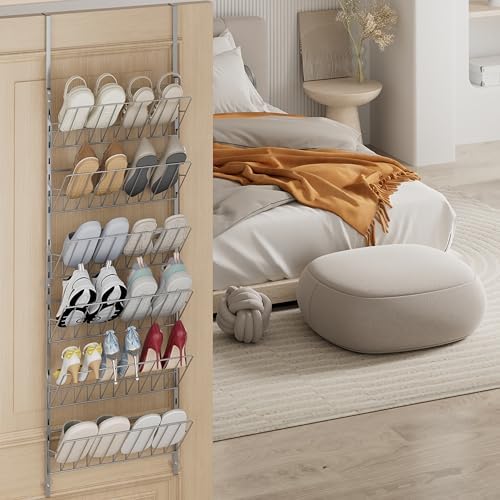 SWTYMIKI Over the Door Shoe Organizer - Adjustable 6 Tier Hanging Shoe Rack Organizer, Metal Heavy Duty Behind Door Storage or Wall Mount Shoes Shelf for Flats, Heels, Sneakers, Boots, Silver - Image 3