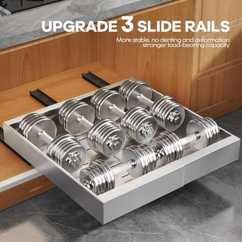 Seinloes 2 Pack Expandable Pull Out Cabinet Organizer 21"Deep With Raising Pad for Framed Cabinets,Upgrade 3 Slide Rails Slide Out Drawers,Roll Out Shelves Adhesive,Adjustable Width 12.05"-20.4"Silver - Image 5