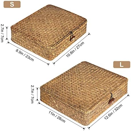 Set of 2 Flat Seagrass Storage Bins with Lid Wicker Storage Baskets for Organizing, Woven Shelf Organizer Bins Home Utility Organizer Box for Home & Office Supplies (Caramel) - Image 4