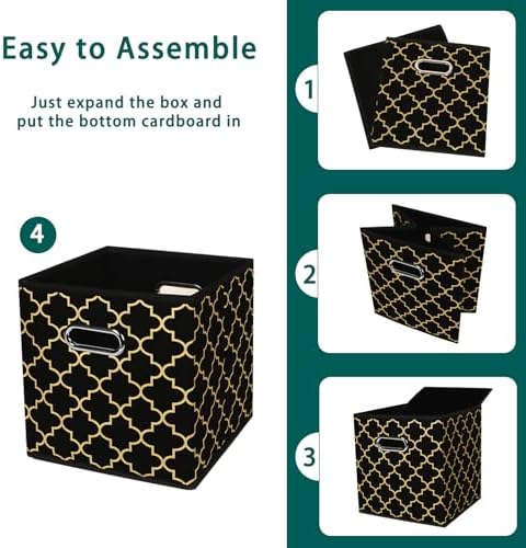 Black Foldable Storage Cubes Bins, Fabric Storage Box Cubes Organizer Baskets with Dual Handles for Home Organizer,Set of 3,(Black Gold) - Image 6