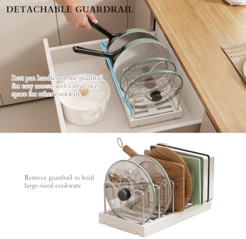 CICUFY 2 Pack Pots and Pans Organizer Under Cabinet, 12"-23" Pot Lid Holder Rack Inside Cabinet with 10 Adjustable Dividers, Pan Lid Organizer with Guardrail For Kitchen Countertop, White - Image 3