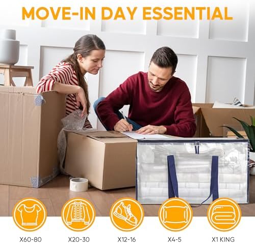 HealSmart 10 Pack Large Moving Bags with Zippers & Handles, Moving Supplies with lids, Heavy Duty Totes for Space Saving, Fold Flat, Moving and Storing, Clear - Image 7