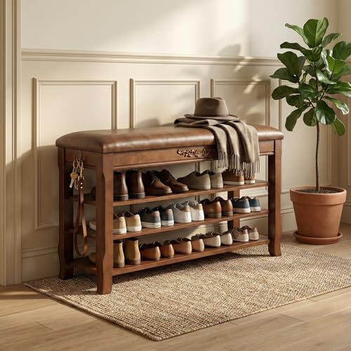 Shoe Rack Bench Entryway Storage with Leather Cushion, 39.4" by Drogenble