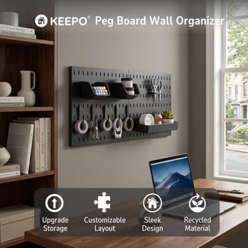 Keepo Peg Board Wall Organizer – Plastic Pegboard Panels, Modular Peg Board Storage System For Home Office, Craft Room, Gaming Setup (Black, 22″×11″) - Image 3