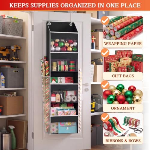 Black Over Door Wrapping Paper Organizer Storage with 3 Removable Drawers & Side Pockets – Dual Use Design with Elastic Straps – Christmas Gift Wrap Storage for Ribbons, Bows,Ornament and Other Tools - Image 5