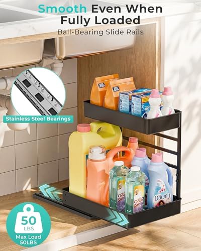 EVERIE Height Adjustable 2 Tier Metal Pull Out Slide Shelf Organizer for Under Sink Cabinets in Kitchen, Bathroom, with Snap-on Top Tray, 16" Deep (Black, 2 Sets) - Image 4