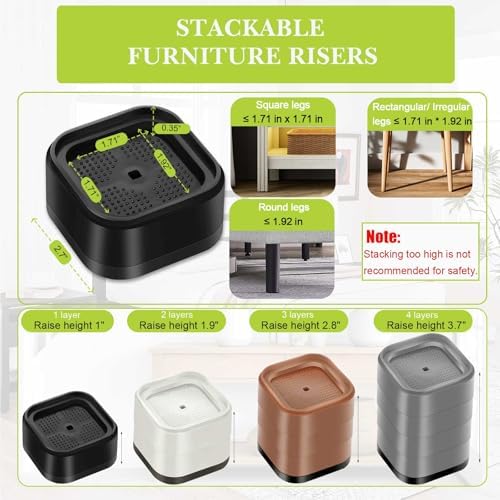 8 Pack Furniture Risers 3 Inch, Adjustable Bed Risers Heavy Duty for Table Desk Couch Chair Sofa Cabinet Bed Legs Dorm, Square Stackable Bed Raisers Blocks Lift Height 1", 2",3"or 4", Black - Image 2