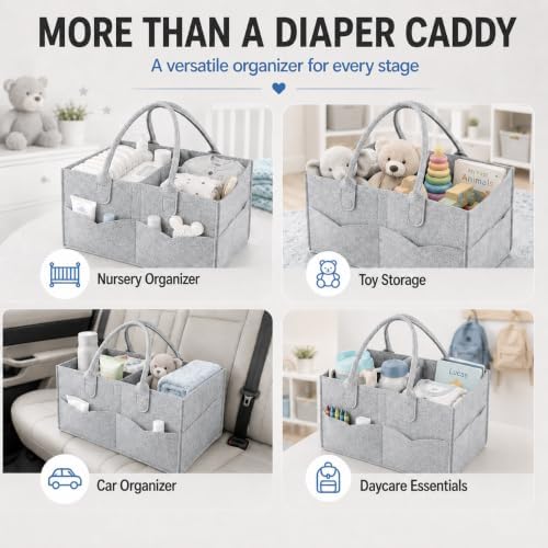 PandaEar Baby Diaper Caddy Organizer, Portable Diaper Holder Organizer Nursery Storage Basket for Wipes & baby stuff, Collapsible Baby Organizer with Divided Design (Grey) - Image 3