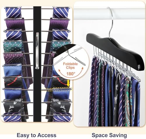 TOPIA HANGER Tie Rack Hanger for Closet 2 Packs, Wooden Tie Organizer for Men with 24 Folding Hooks, Space Saving Necktie Holder for Storage and Display Bra, Tank Top, Camisole (Black) - CT14B-2 - Image 3