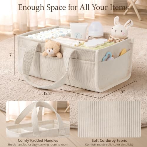 Corduroy Baby Diaper Caddy Organizer with Handles, Nursery Storage Basket - Image 2