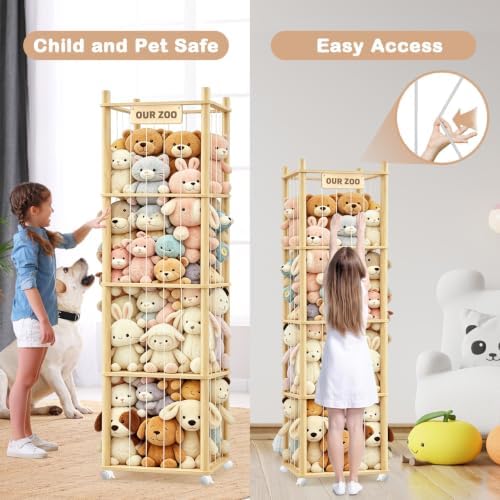 DIY Stuffed Animal Storage, Wood Adjustable 1–4 Tier Stuffed Animal Zoo Storage with Brake Wheels, Large Capacity Stuffed Animal Holder, Perfect for Nursery Playroom Kidroom Bedroom - Image 5