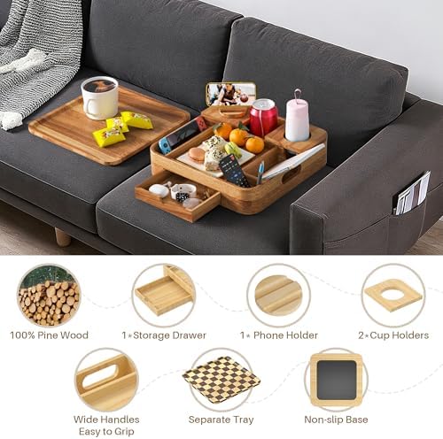 Couch Cup Holder 2-Tier Acacia Wooden Trays with Drawer 12.5 * 12.5 in - Image 6