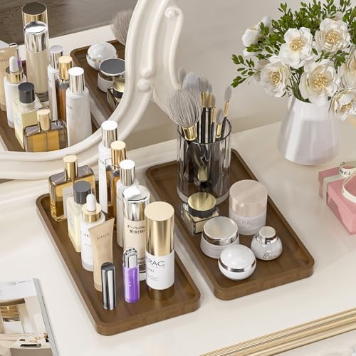Weenson Bathroom Vanity Tray for Countertop Makeup Jewelry Perfume Decor Candle, Bamboo Kitchen Tray for Soap Dispenser Spice Salt Oil, Brwon Tray for Toilet Tank Coffee Nightstand Set of 2 - Image 2