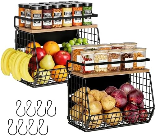 Fruit Basket 2 IN 1 Magnetic & Hanging Wall Produce Basket with Spice Rack for Potato and Onion Storage for Pantry,Kitchen Countertop and Fridge Organizer 2 PCS by Clothink